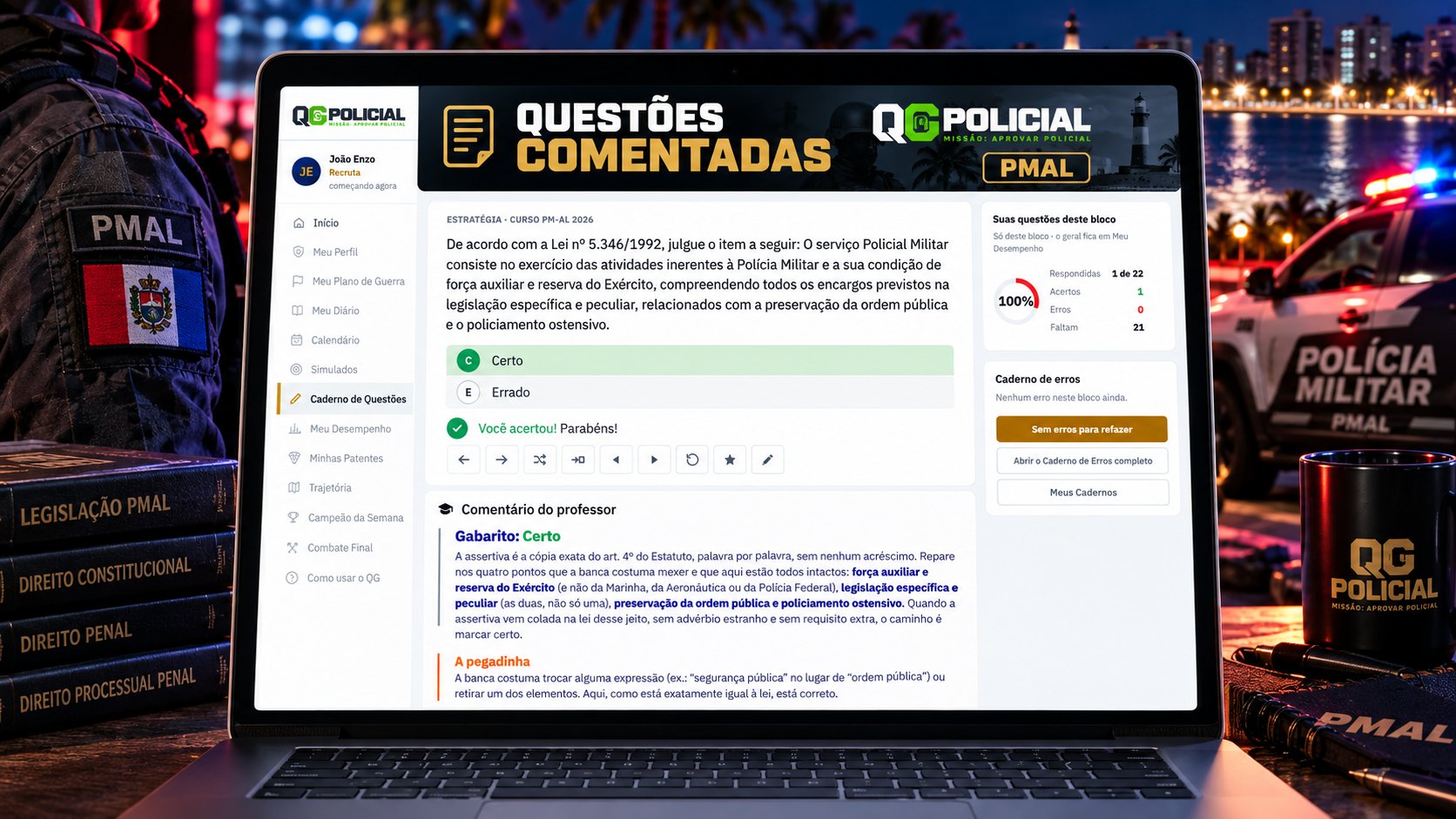 Questão certo ou errado sobre o Estatuto da PMAL com gabarito, comentário do professor e a pegadinha da banca
