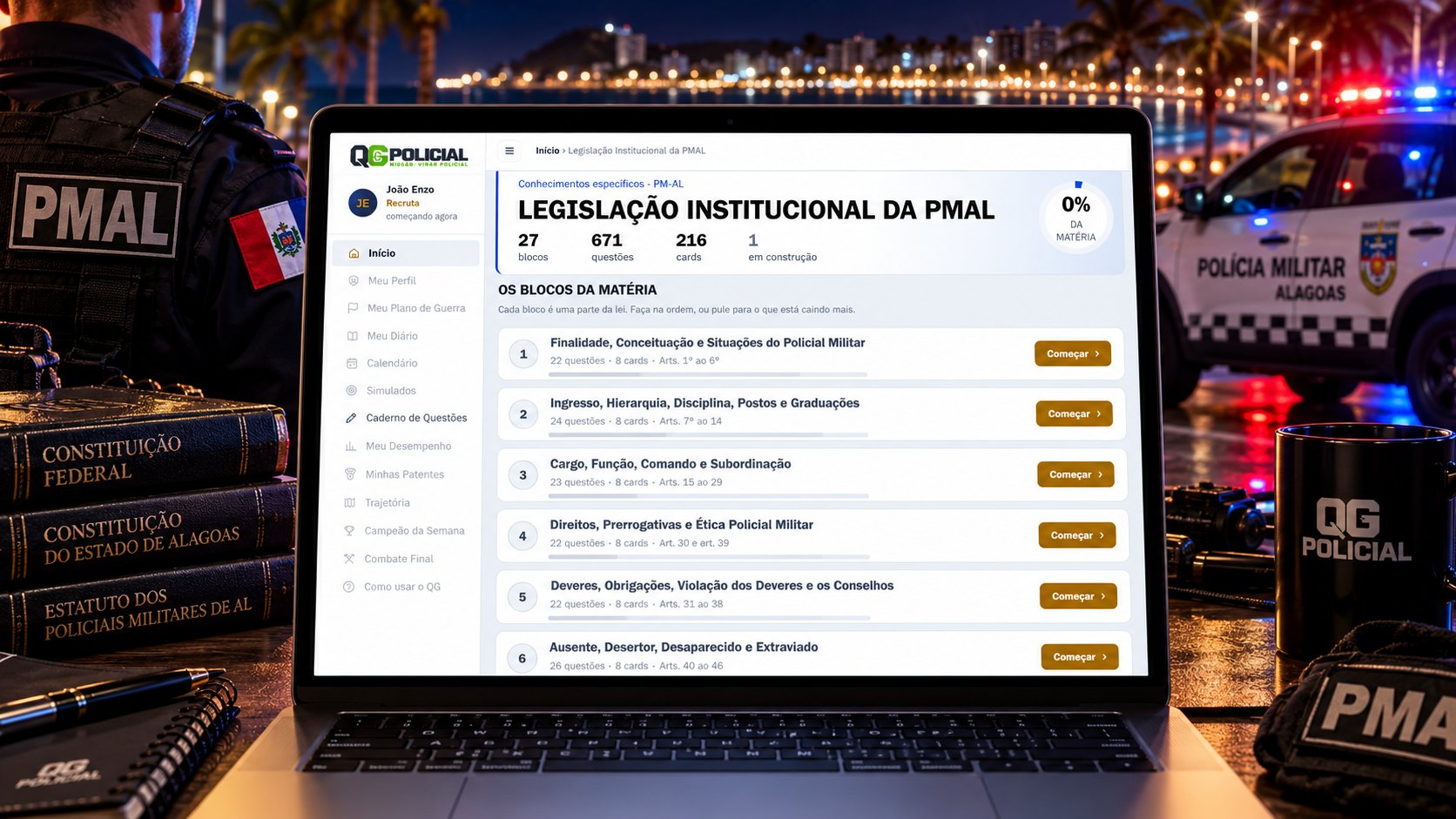 Legislação Institucional da PMAL dividida em 27 blocos, cada um com número de questões, cards e artigos