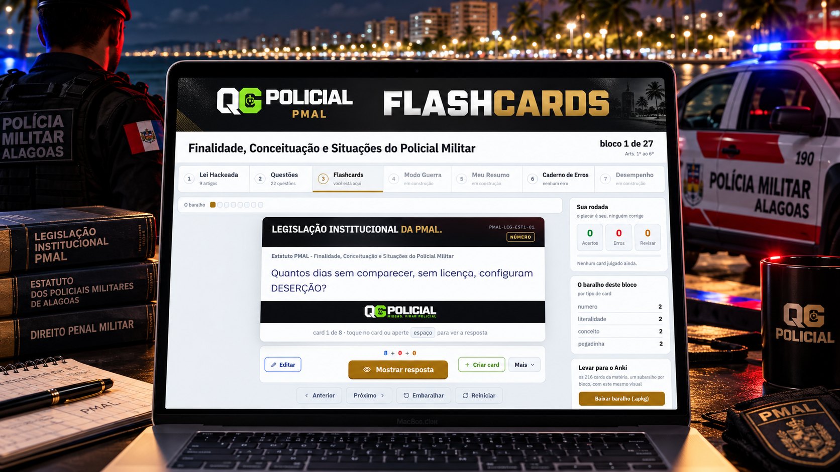 Flashcard da Legislação Institucional da PMAL perguntando quantos dias configuram deserção, com placar de acertos e erros